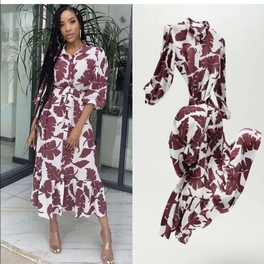 Zara Maroon and White Leaf Print Dress- M - Picture 11 of 11